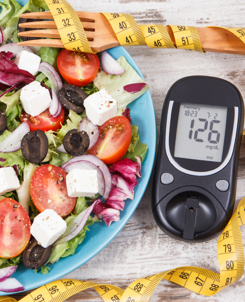 Glucose meter, greek salad, mediterranean diet pattern, diabetic food